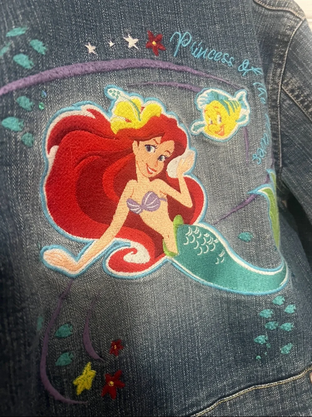 Vintage Denim Ariel Little Mermaid Embroidered Jacket with Faux Fur Collar